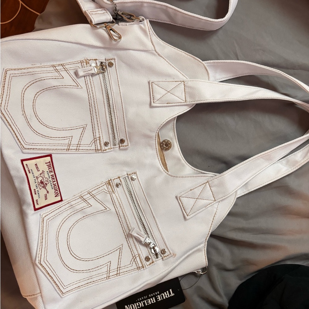 True Religion White Canvas Tote with Geometric Stitching